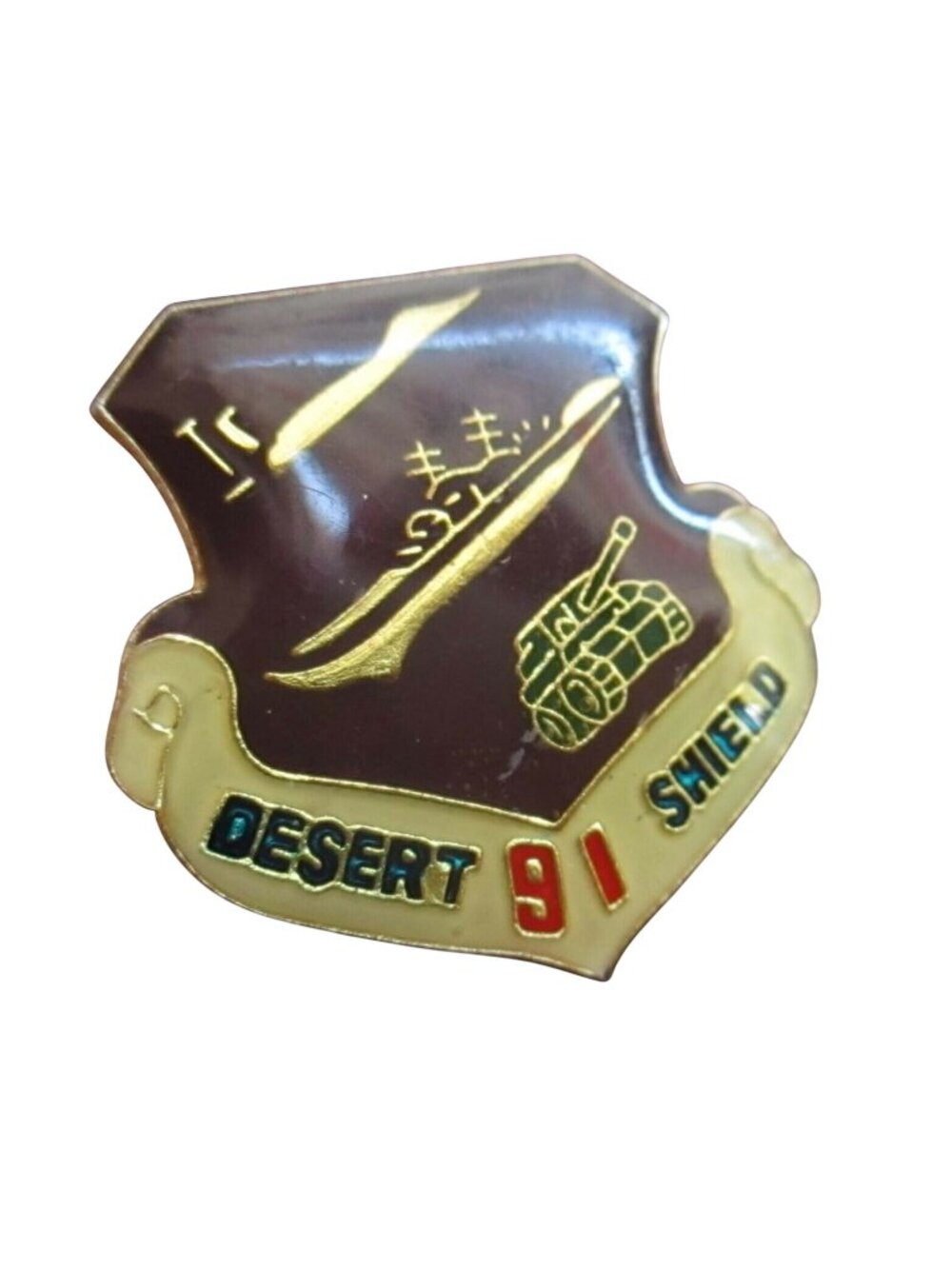 Vintage Desert Shield 1991 Military Lapel Pin Brown/Gold Tank Aircraft Pinback